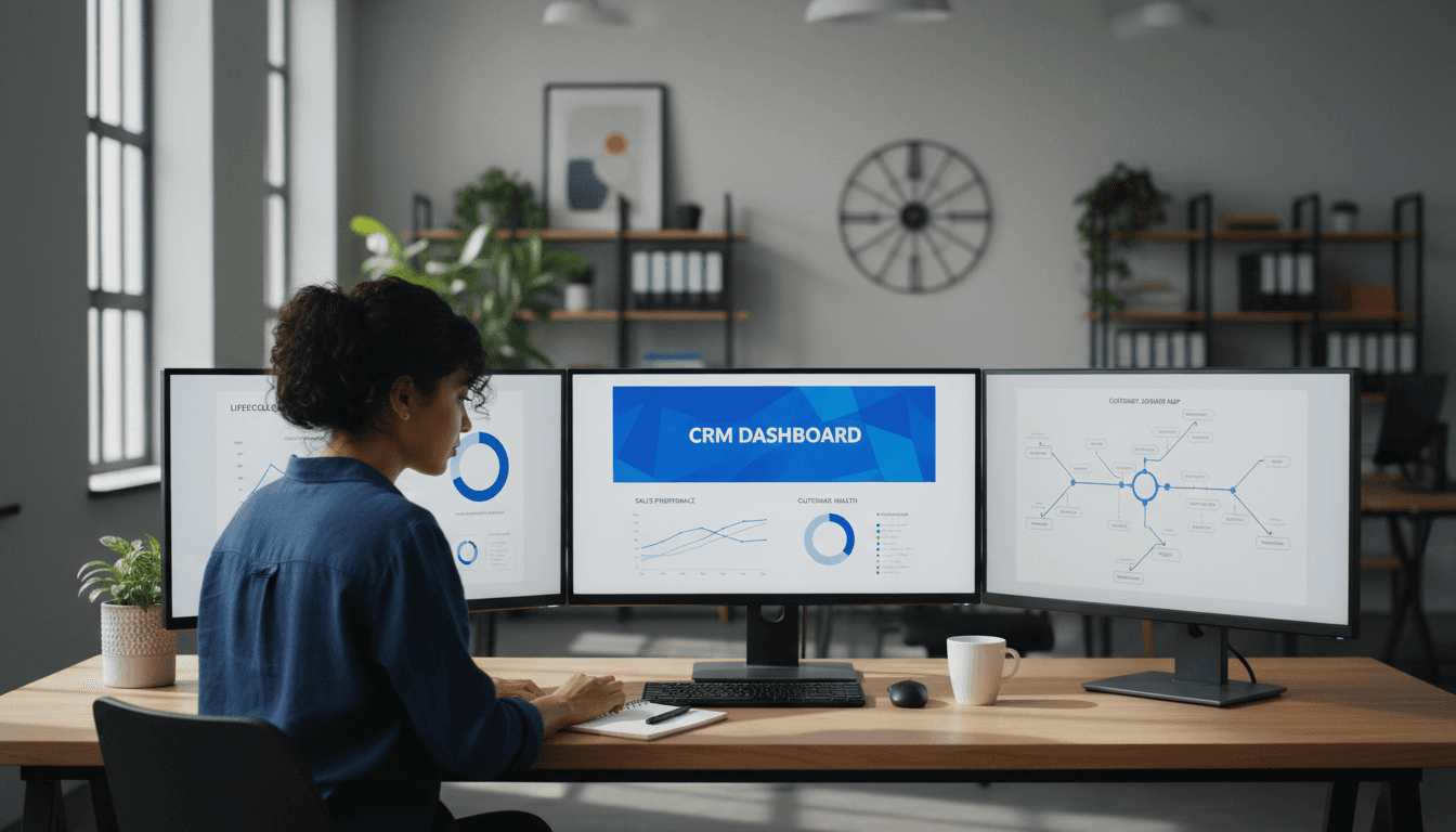 CRM analyst reviewing customer lifecycle data on dashboard screens