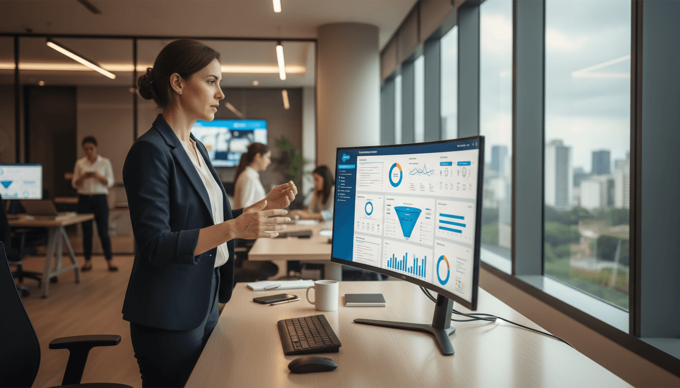 CRM specialist analyzing customer lifecycle data and retention metrics on marketing platform dashboard