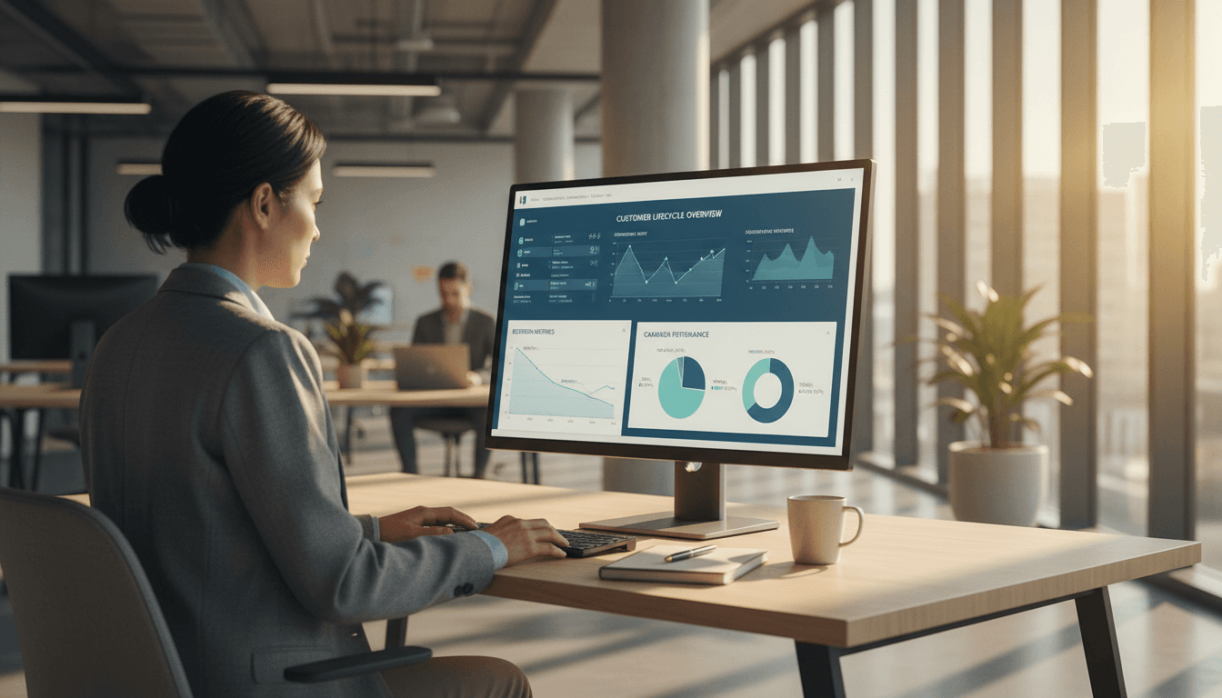 CRM analyst reviewing customer lifecycle data and retention metrics on dashboard